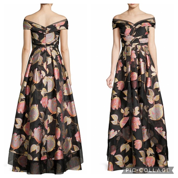 Aidan Mattox pleated off shoulder print long gown - Picture 2 of 10